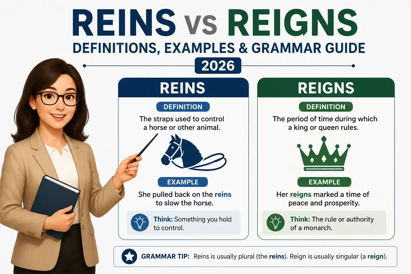 Reins vs Reigns Definitions Examples and Grammar Guide 2026