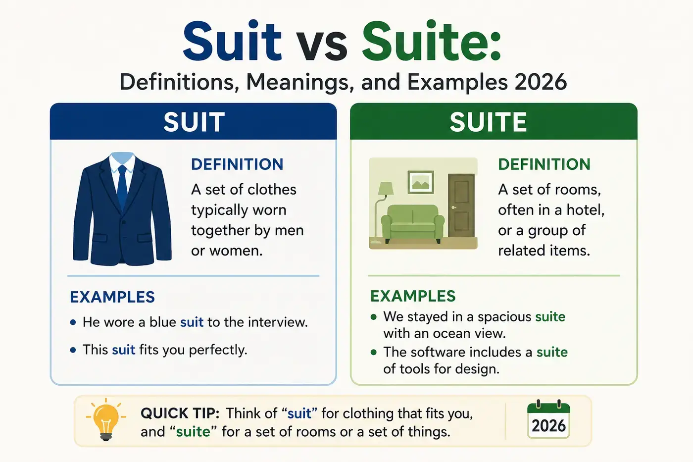 Suit vs Suite: Definitions, Meanings, and Examples 2026