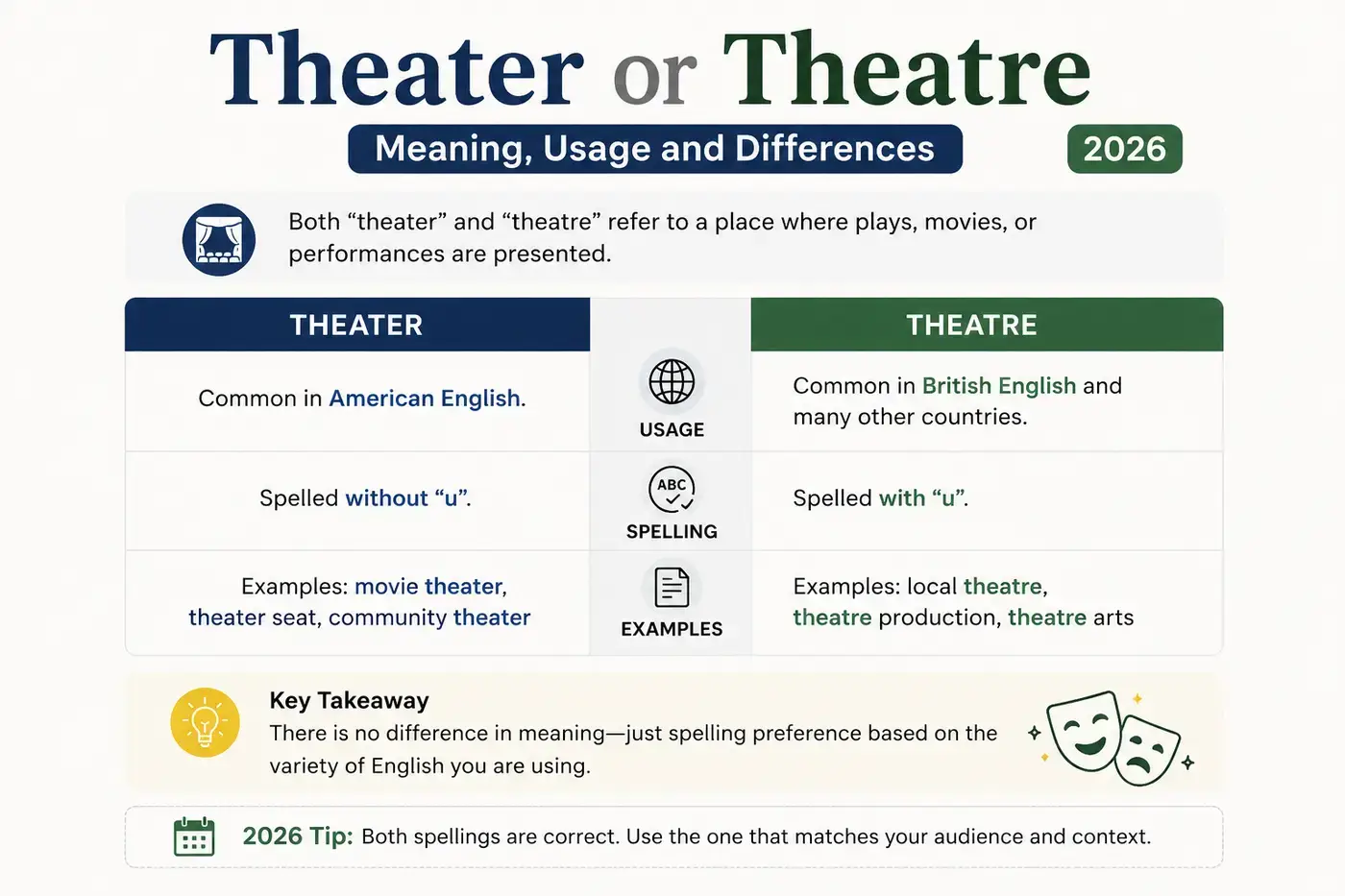 Theater or Theatre Meaning Usage and Differences 2026