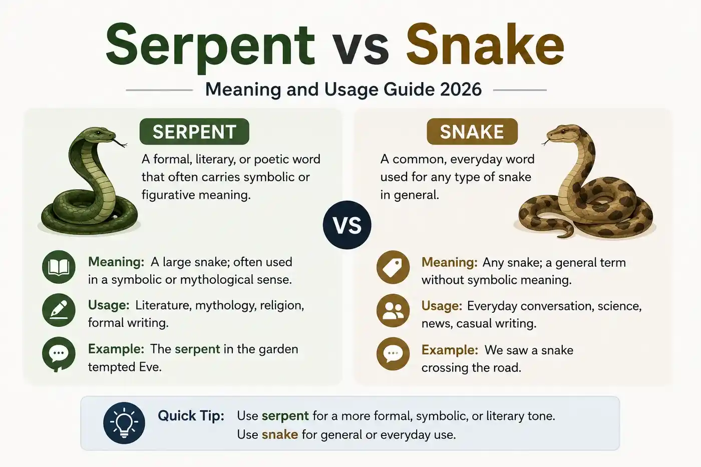 Serpent vs Snake Meaning and Usage Guide 2026
