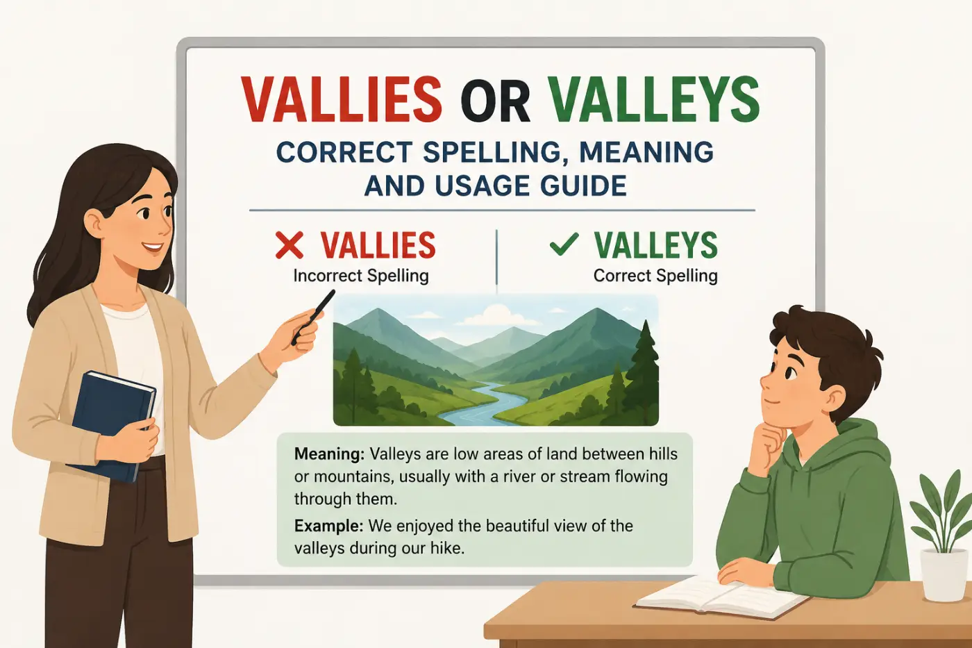 vallies or valleys Correct Spelling Meaning and Usage Guide